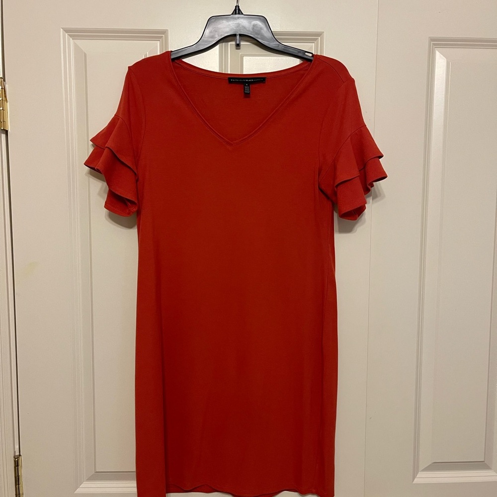 White House Black Market Burnt Orange V-Neck Ruffled Sleeve Dress